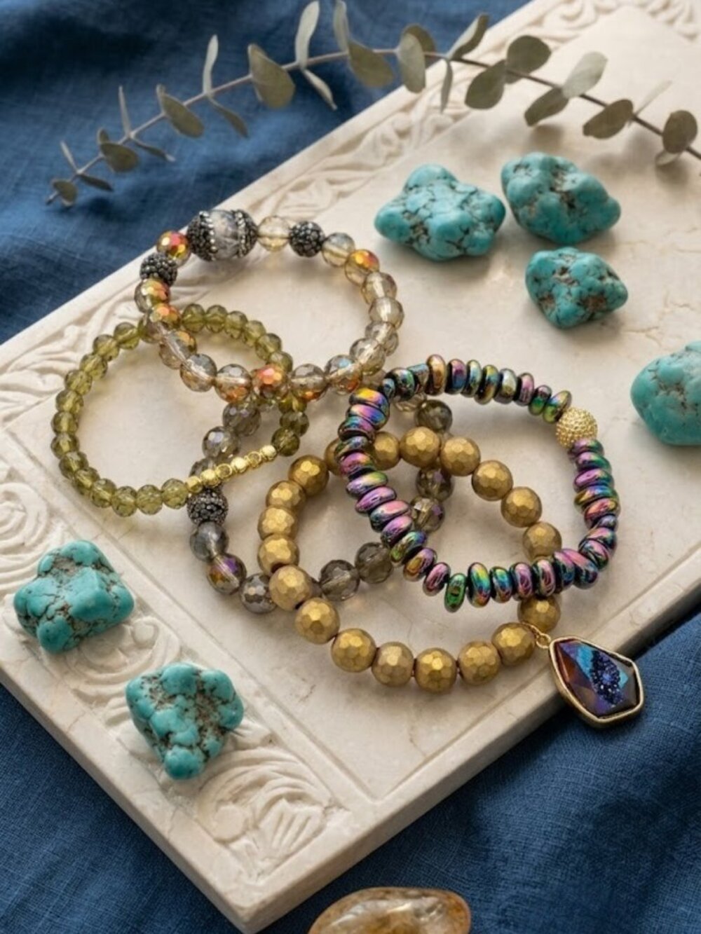 5pc Boho Gold Beaded Stackable Bracelet Set Iridescent Crystal Charm Pendant